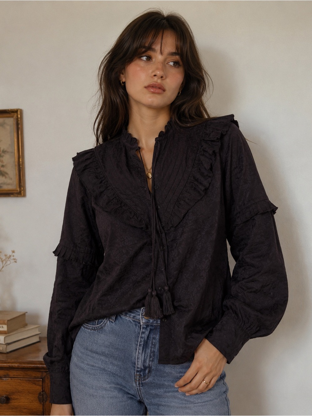 Anthropologie Cleobella XS Black Tassel Top Floral Embroidered Boho Blouse Prari